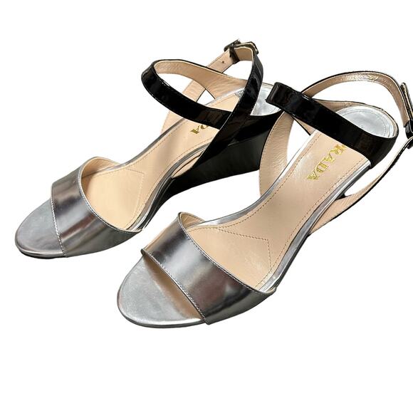 Prada Metallic Silver & Black Slingback Adjustable Wedge Sandal 39 / US 9 - Picture 5 of 9